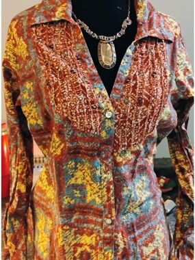 BKE Boho Button Front Tunic Blouse Beaded Mixed Print Long Sleeve Size L